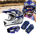 Youth Blue Flame Dirt Bike ATV MX Helmet Goggles Gloves Set (S, M, L, XL)