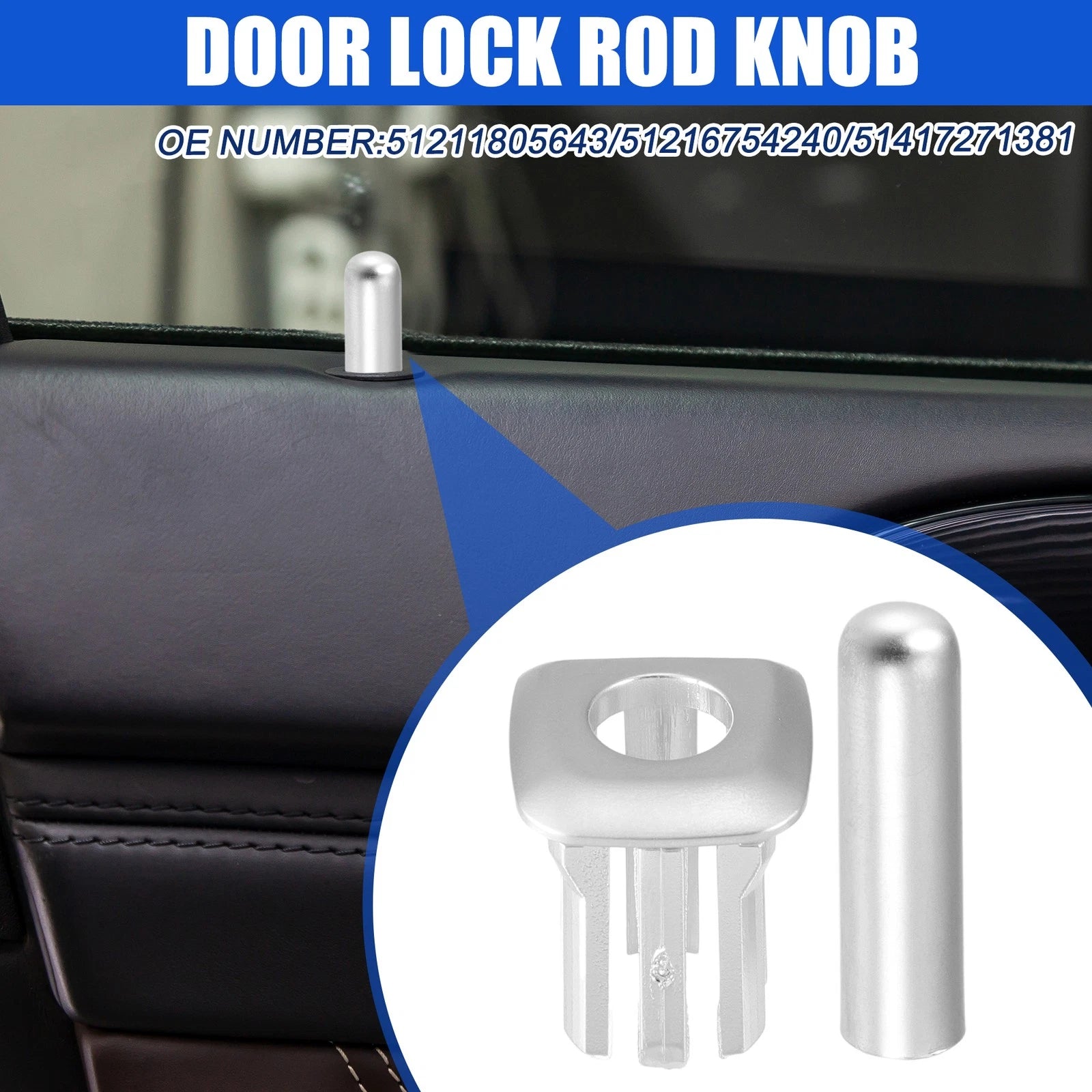Set of 2 Door Lock Rod Knob and Button Cover for BMW 328i 335i (2007–2013) Silver Tone