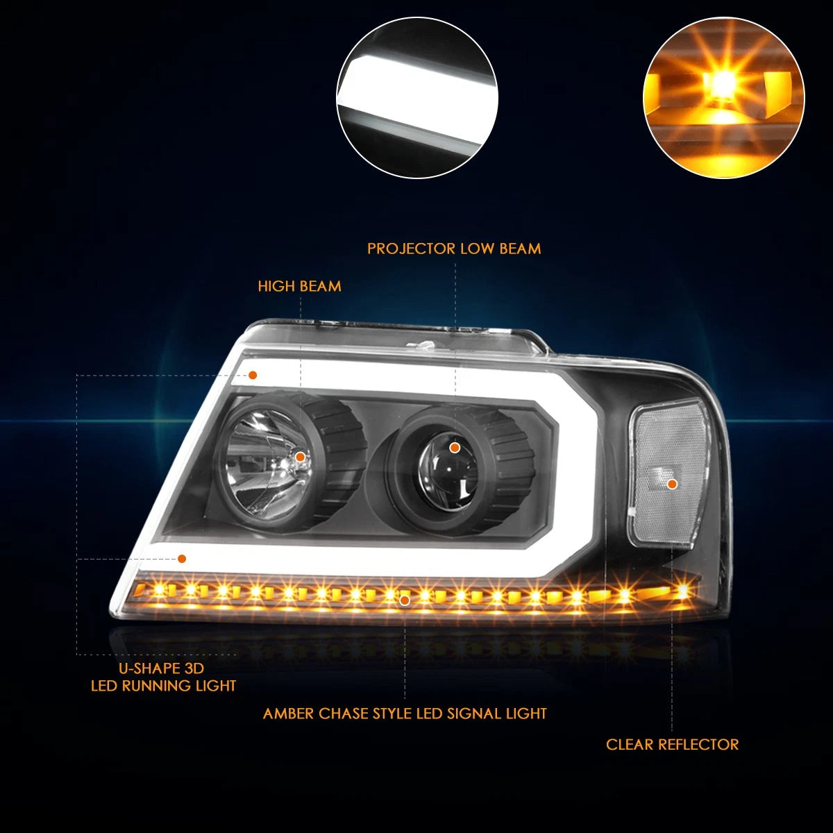 LED DRL Sequential Turn Signal Projector Headlights for F150 (2004–2008)