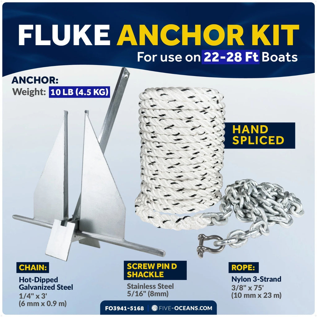 10 lb Fluke Anchor Kit for Boats with Rope & Chain