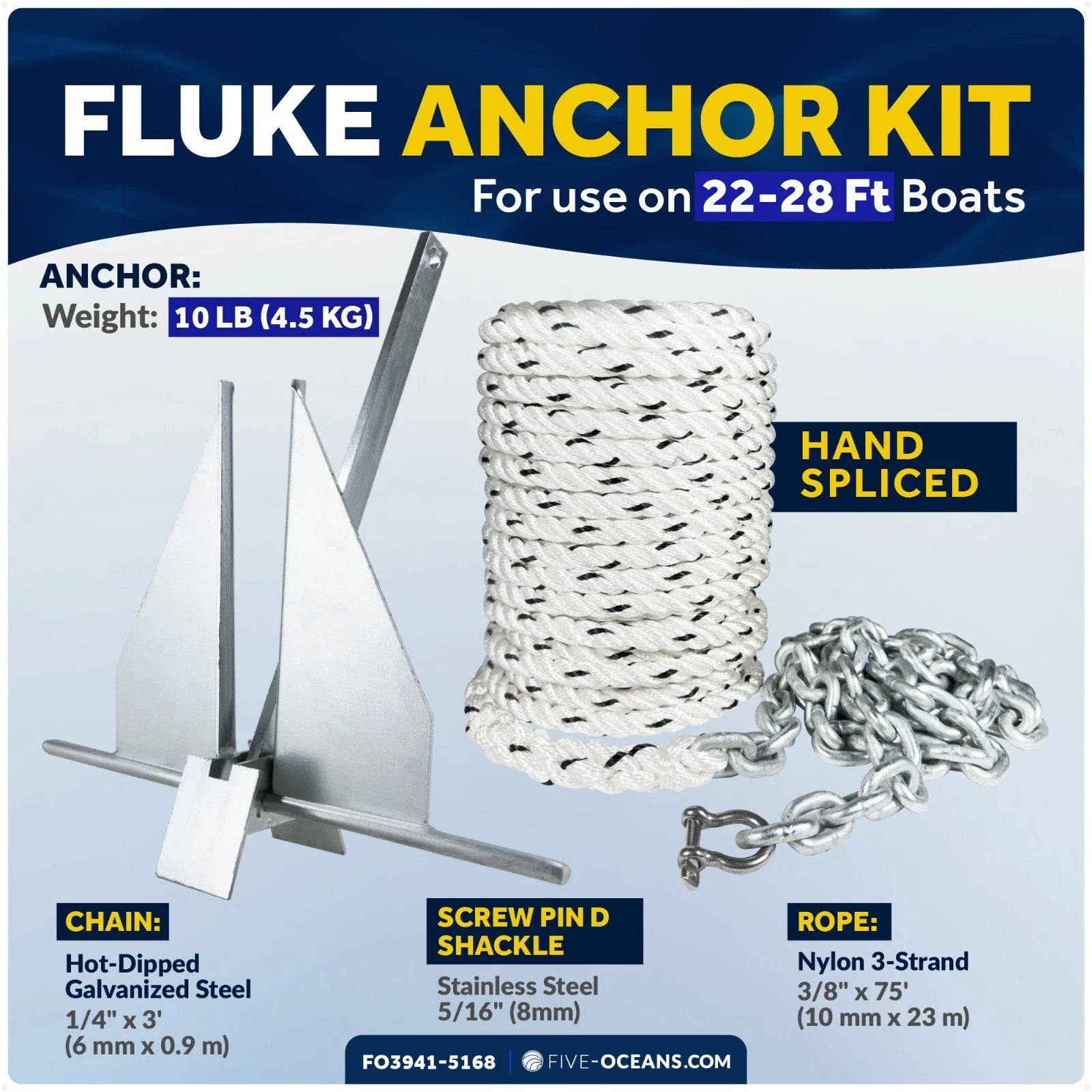 10 lb Fluke Anchor Kit for Boats with Rope & Chain