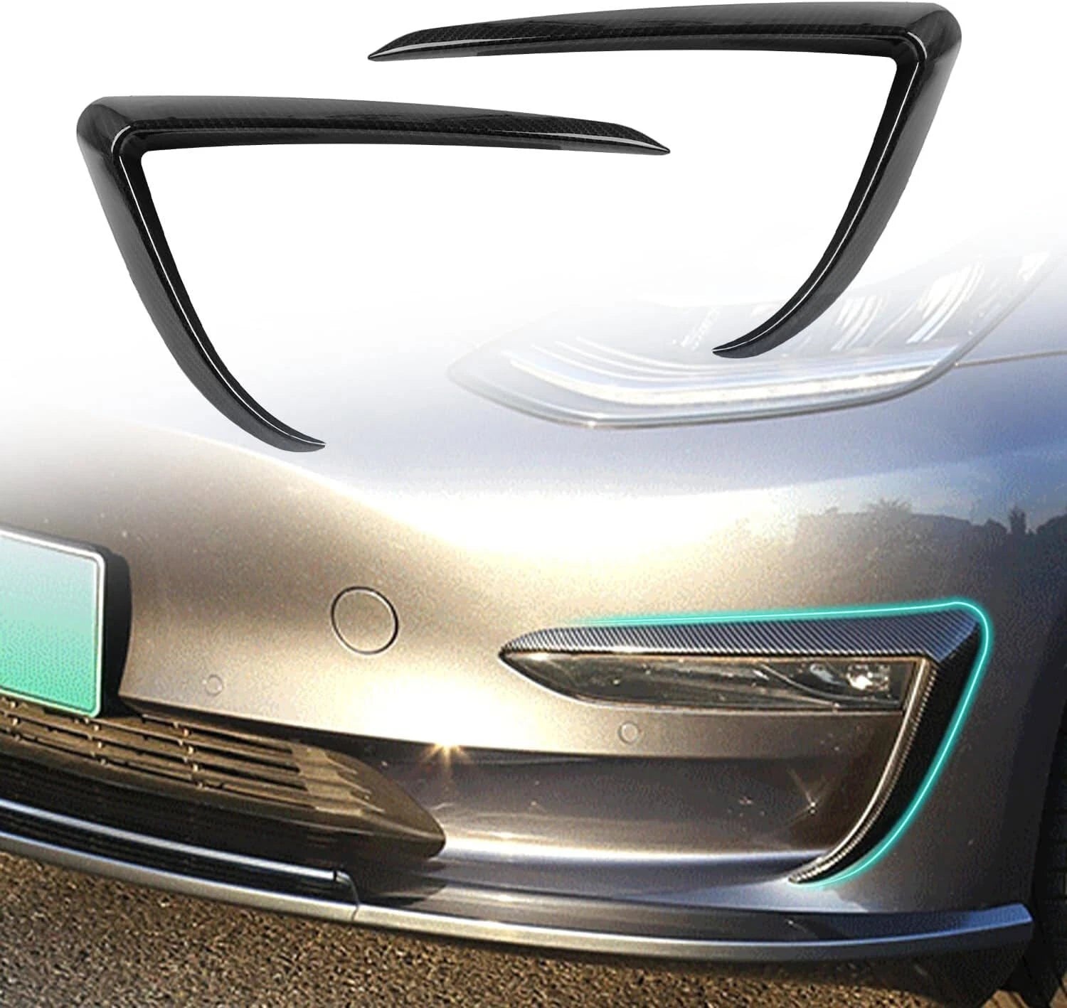Set of 2 Black Front Fog Light Eyebrow Cover Trim for Tesla Model 3 (2017–2022)