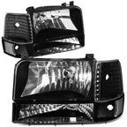 Set of 2 Black Bumper Headlights + Clear Corner Lamp for Ford F150/F250/F350 (1992–1996)