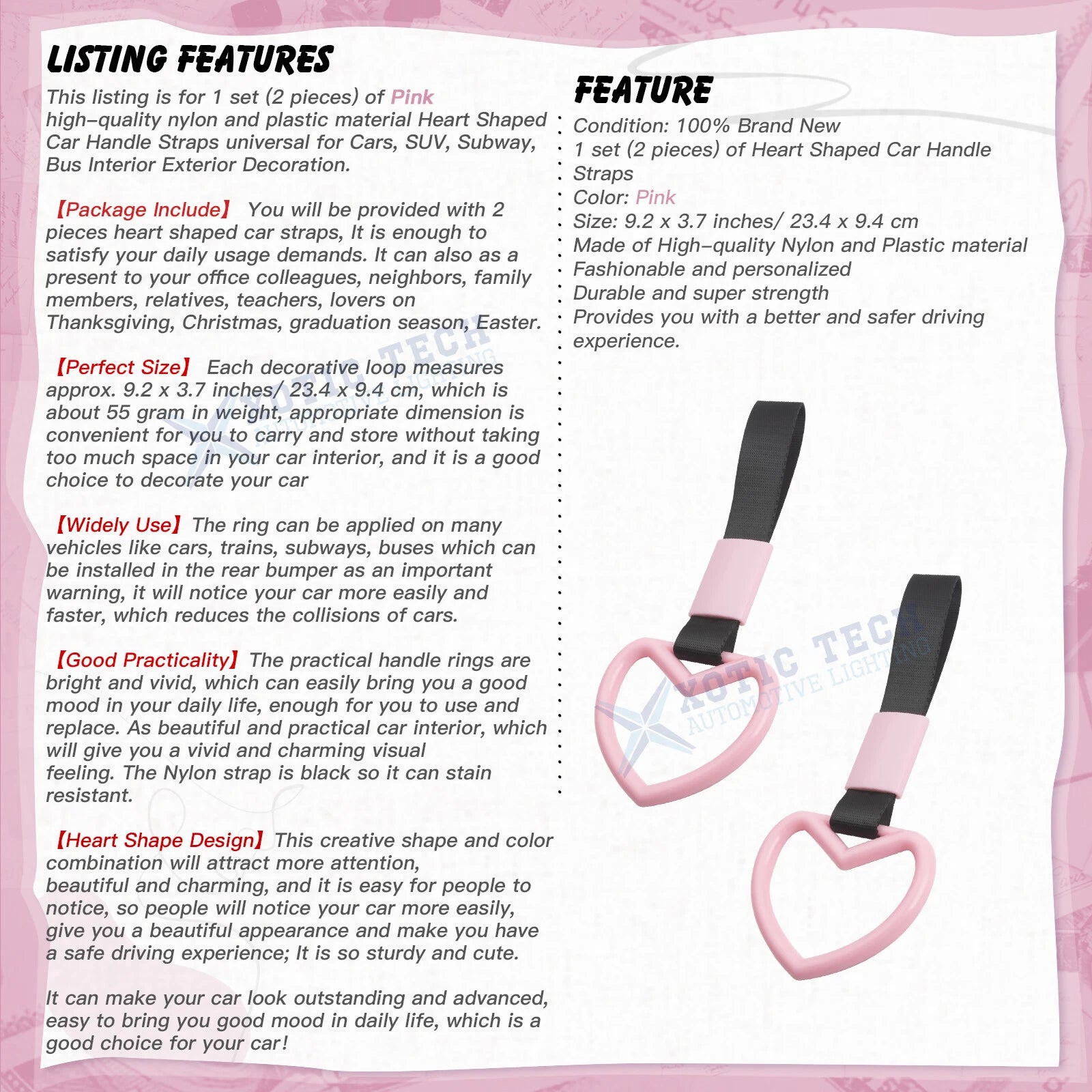 Pink Heart Hand Ring Straps Loop Circle Decoration for Car (2-Pack)