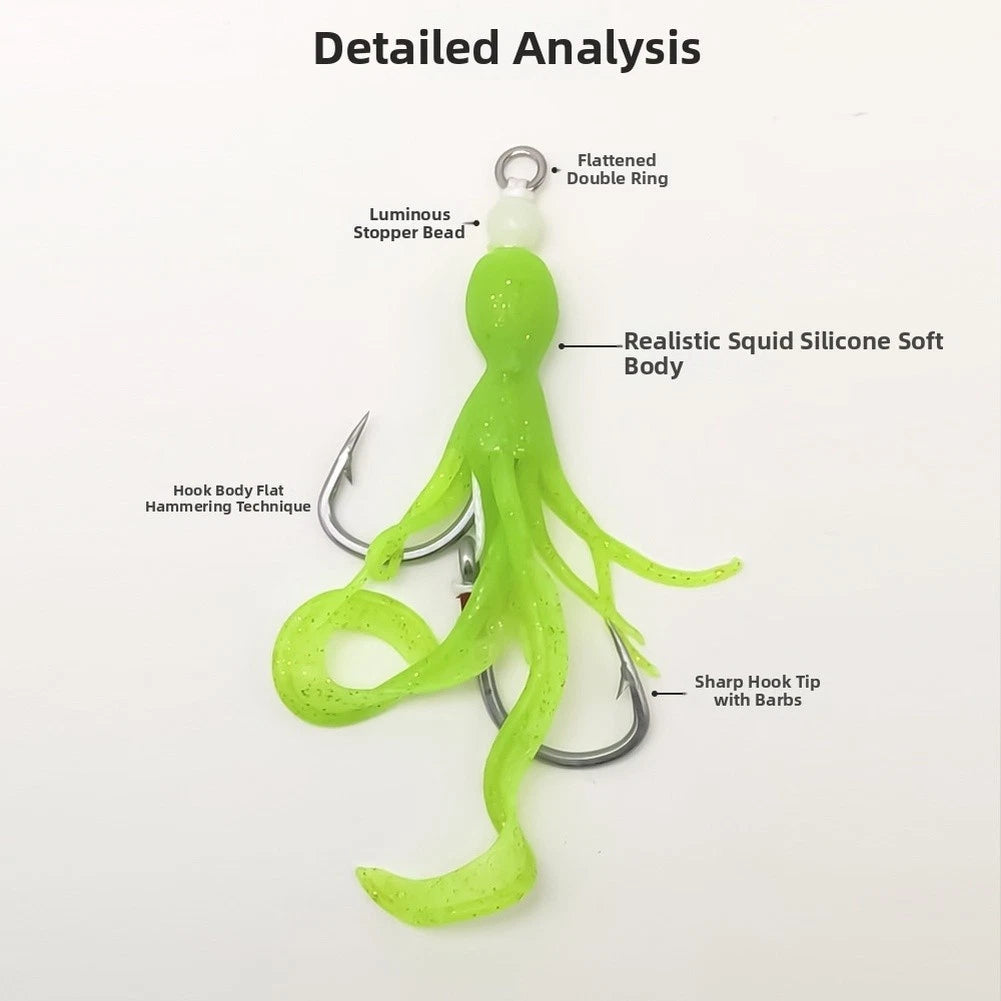 6/0 Silicone Squid Hook for Saltwater Fishing Lure with Glow Beads