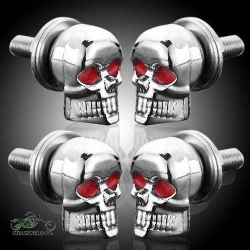 Set of 4 Skull Head License Plate Screws with Red Eyes Chrome