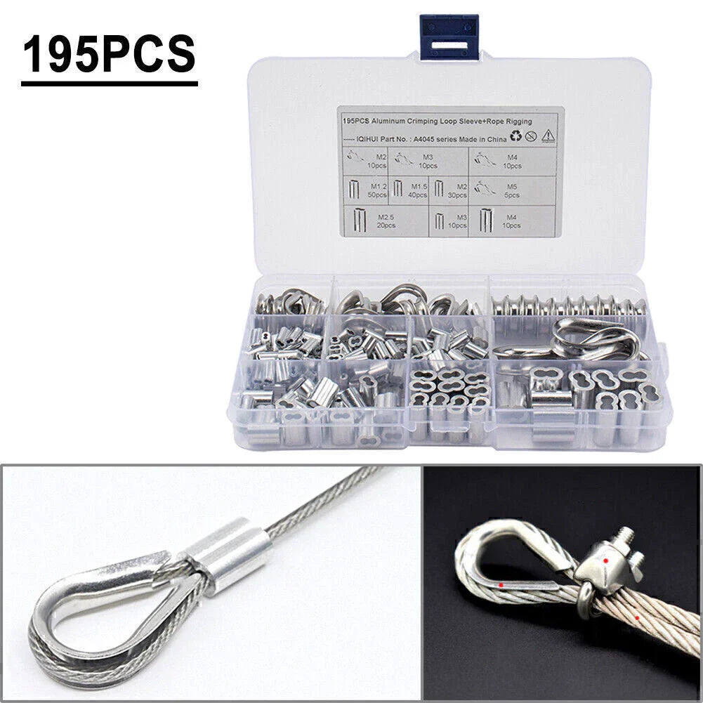 195Pcs M2/3/4/5 Thimble & 6-Size Aluminum Crimping Loop Sleeves