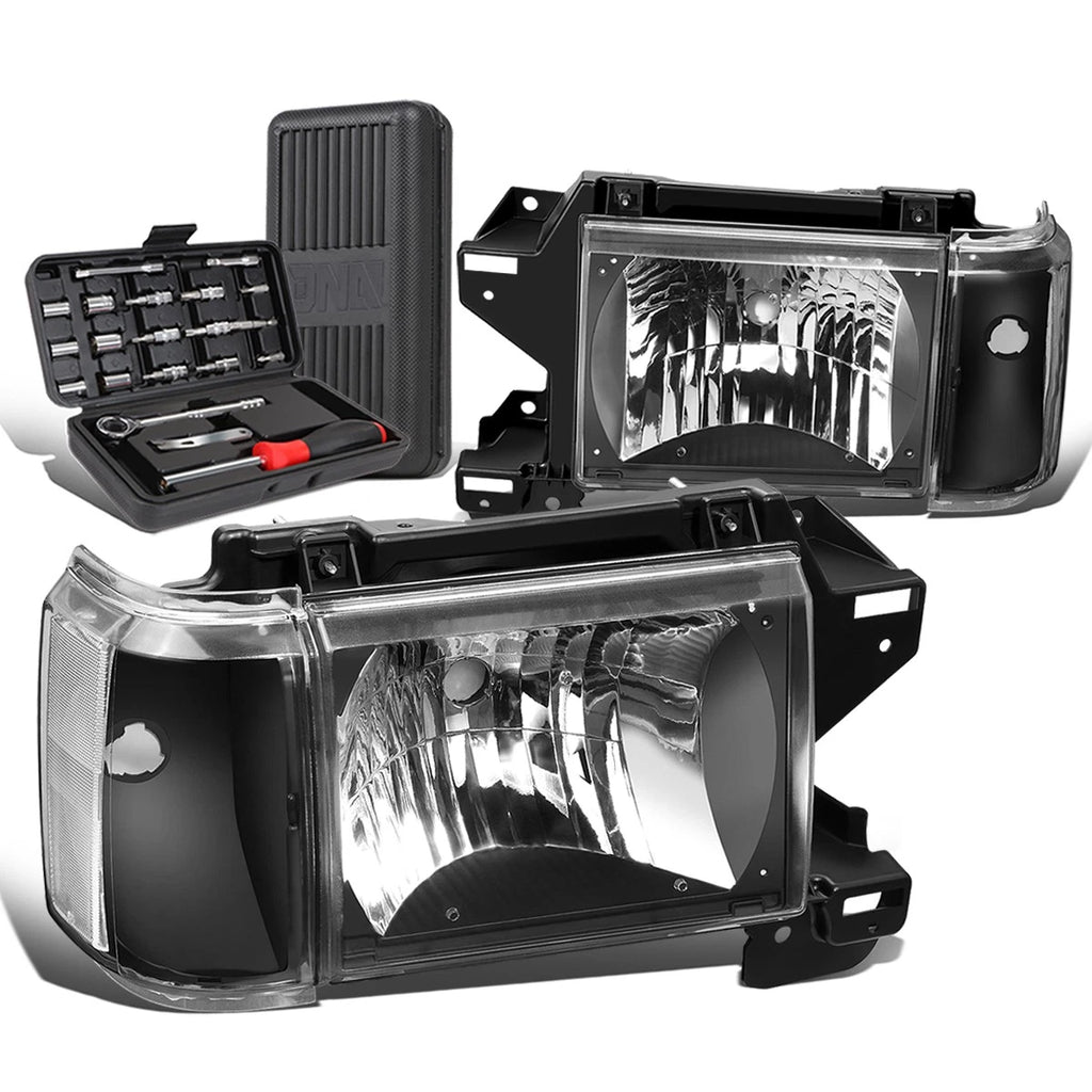 Set of 2 Black/Clear Signal Headlights for Ford F150 F250 F350 Bronco (1987–1991)
