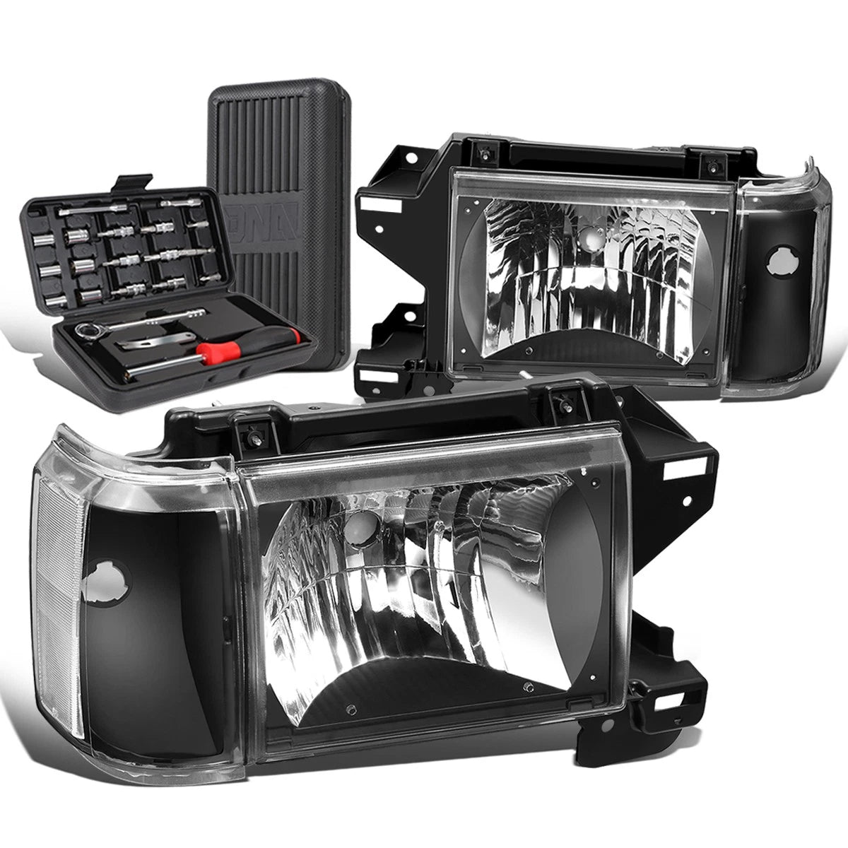 Set of 2 Black/Clear Signal Headlights for Ford F150 F250 F350 Bronco (1987–1991)
