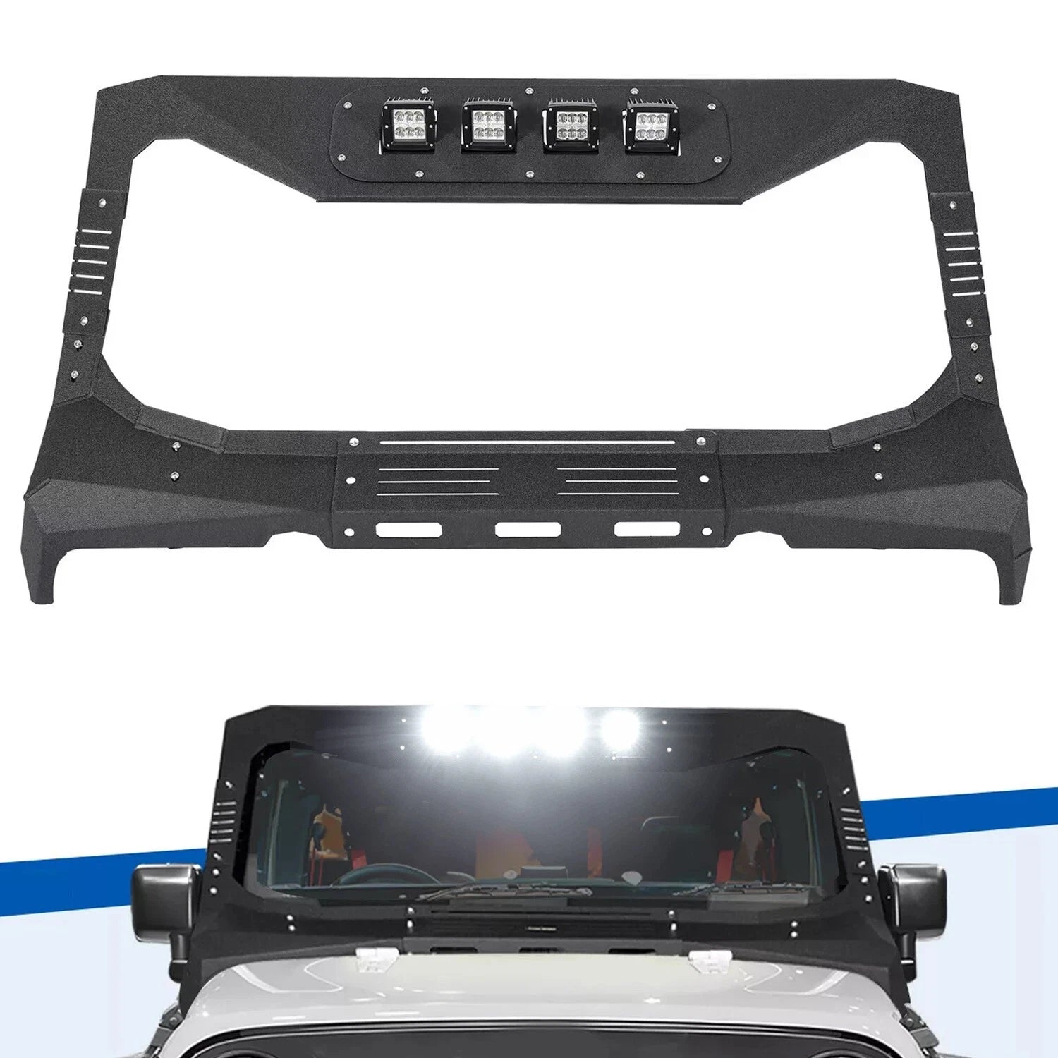 Armor Windshield Frame Cover Visor Cowl w/ LED Lights for Jeep Wrangler JK (2007–2018)