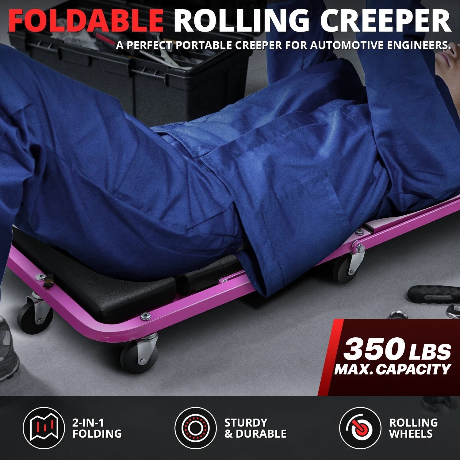 2-in-1 Rolling Creeper for Universal Fit (48" x 18" x 6", 330lbs Capacity)