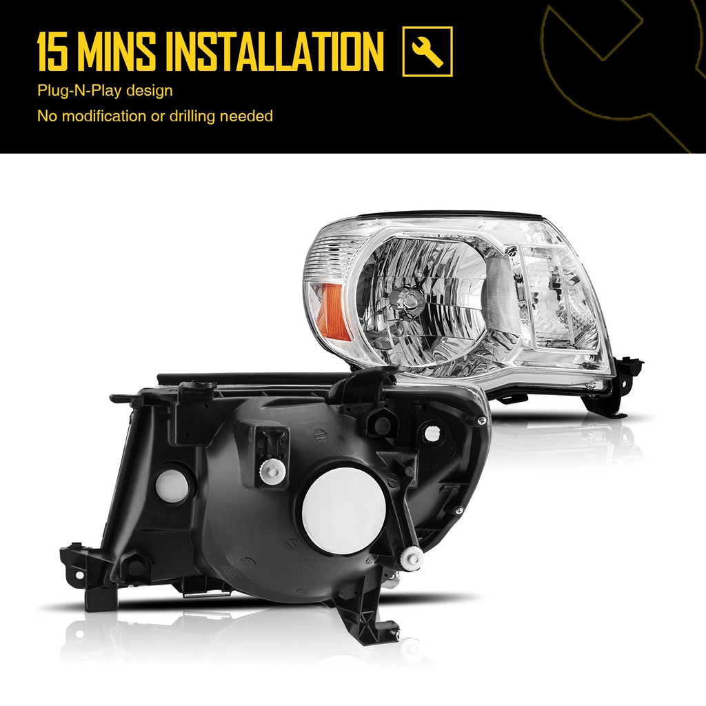 Headlight Assembly for 2005–2011 Toyota Tacoma Halogen L&R Chrome Amber Reflector