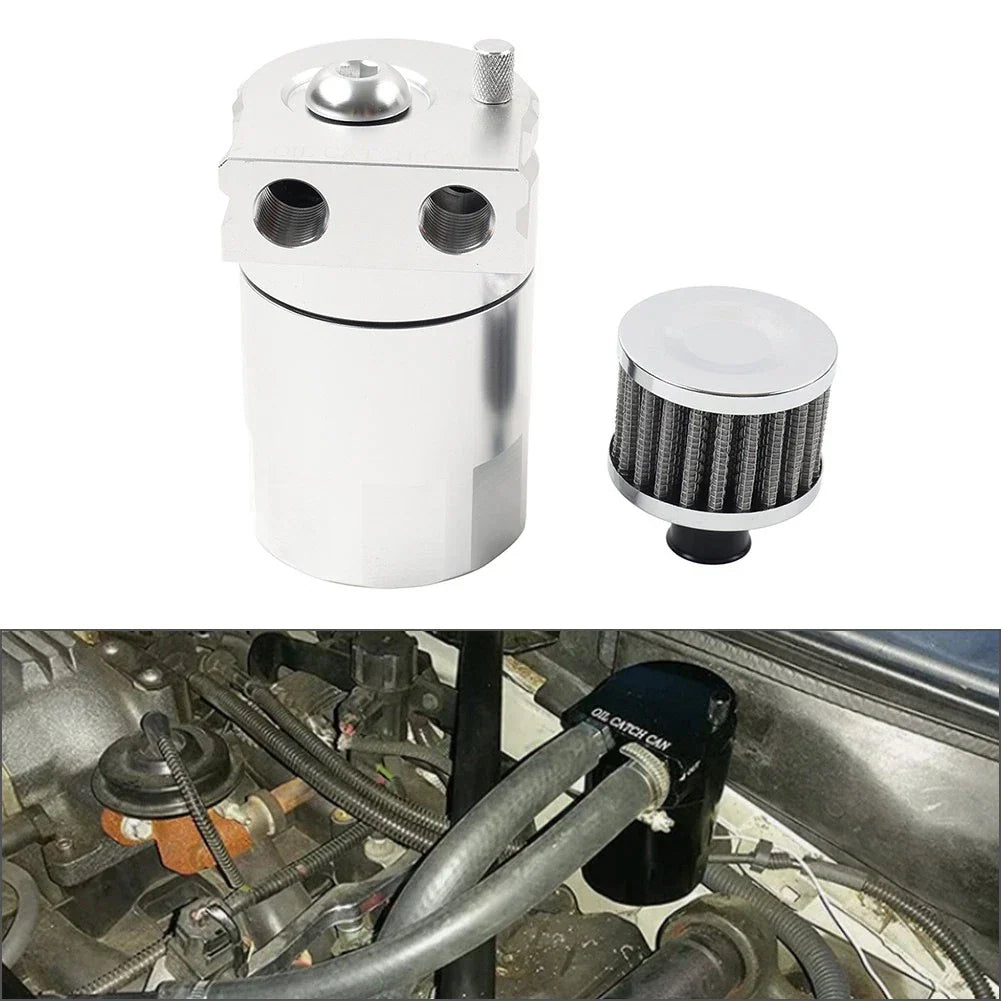 300ml Silver Baffled Engine Oil Catch Can Tank w/ Breather Filter for Universal