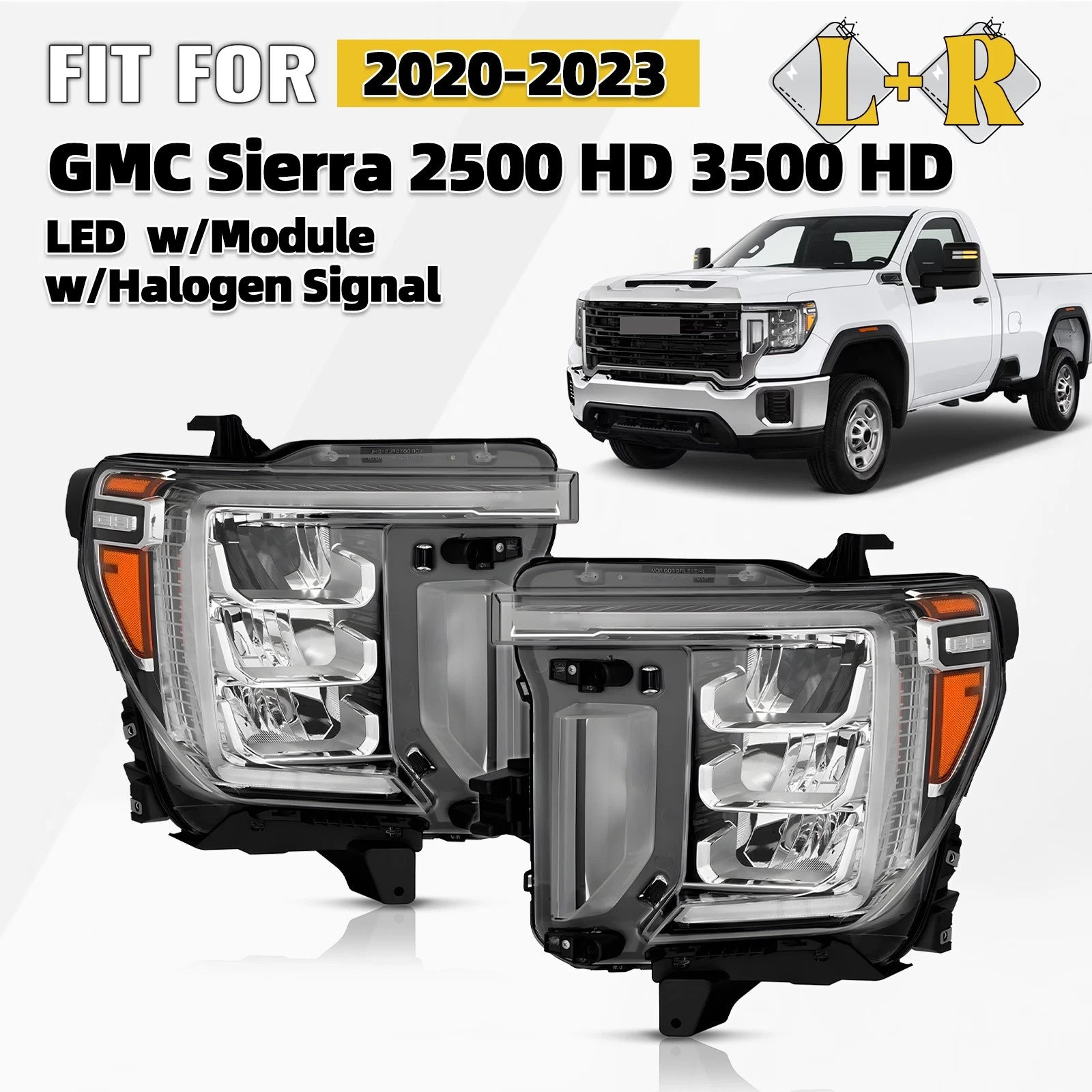 LED Headlight Set for GMC Sierra 2500HD (2020–2023) w/ Halogen Signal