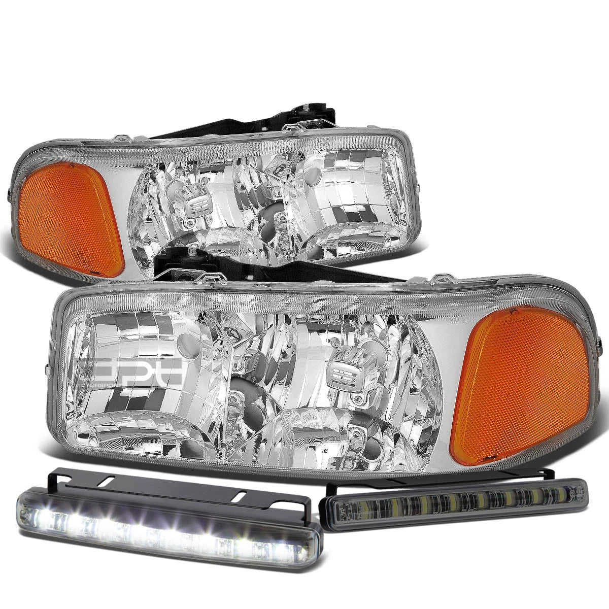 Chrome Housing Headlight & Amber Corner & Smoke LED Fog Light Kit for GMC Sierra/Yukon (1999–2006)