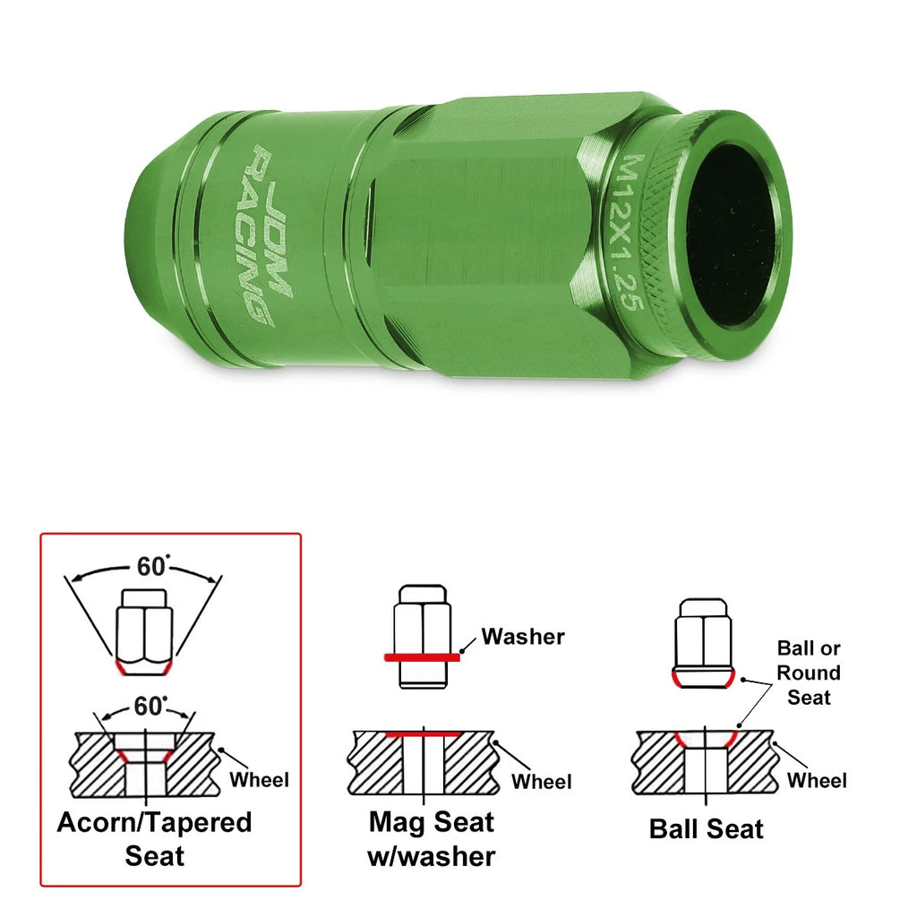20Pc M12X1.25 Green JDM Open End Cone Wheel Lug Nuts + Spline Locks + Key