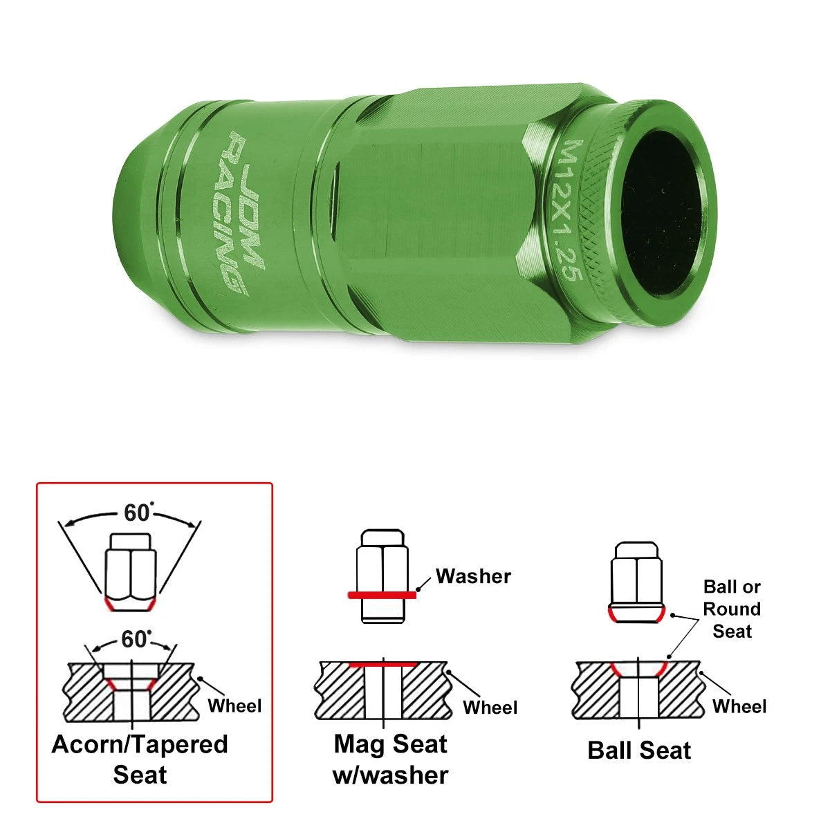 20Pc M12X1.25 Green JDM Open End Cone Wheel Lug Nuts + Spline Locks + Key