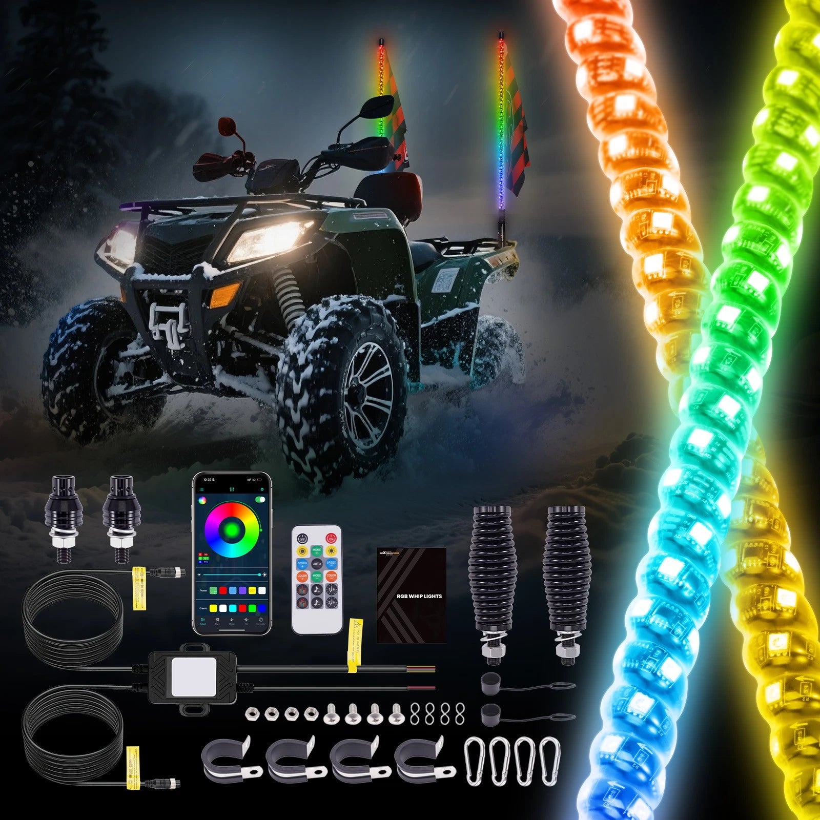 Pair of 3FT RGB LED Whip Lights for ATV UTV RZR Jeep (App & Remote)