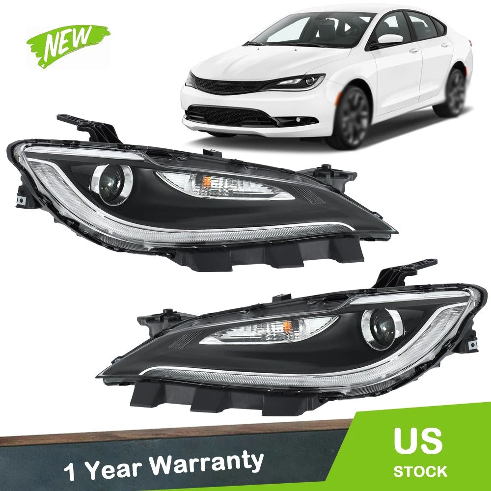 Set of 2 Halogen Headlights w/LED DRL for Chrysler 200 (2015–2017) Chrome Trim