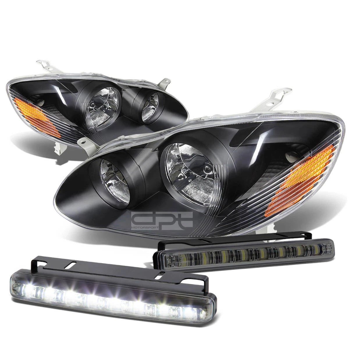 Black Clear Headlight, Amber Corner & Smoked LED Fog Light Kit for Toyota Corolla (2003–2008)