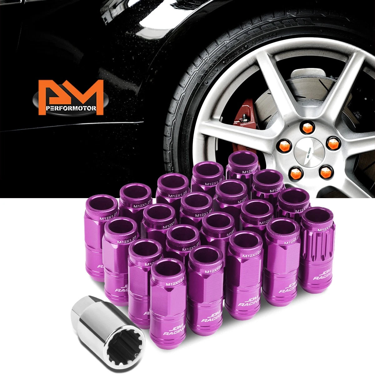 20Pc M12X1.25 Purple JDM Open End Cone Wheel Lug Nuts + Spline Lock + Key