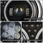 LED Halo Projector Headlight for Peterbilt 359 (1967–1987) - Black Housing, Clear Lens