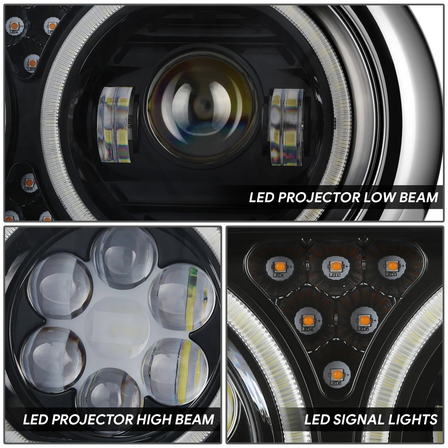 LED Halo Projector Headlight for Peterbilt 359 (1967–1987) - Black Housing, Clear Lens