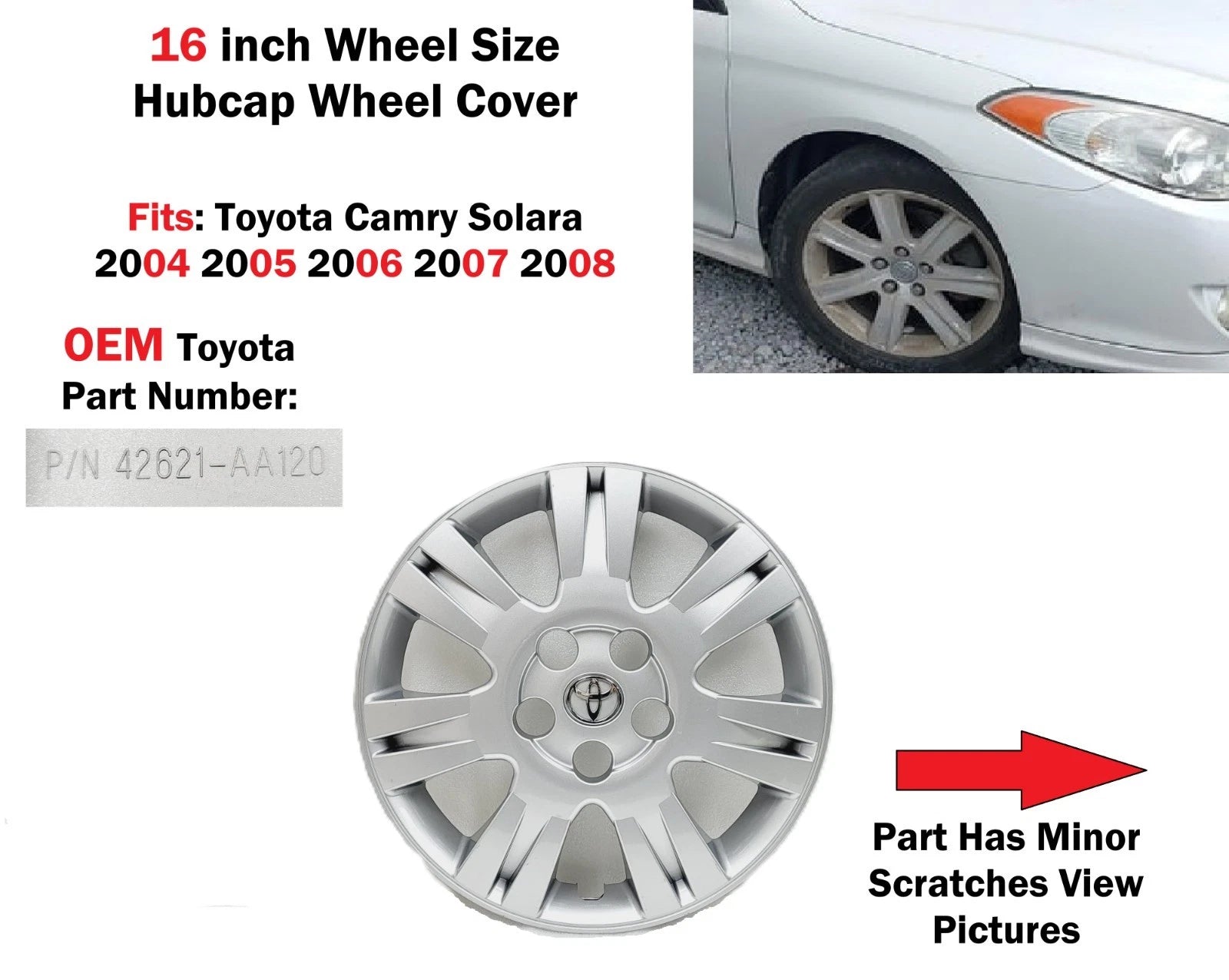 16" Hubcap Wheel Cover for Toyota Camry Solara (2004–2008) 42621AA120