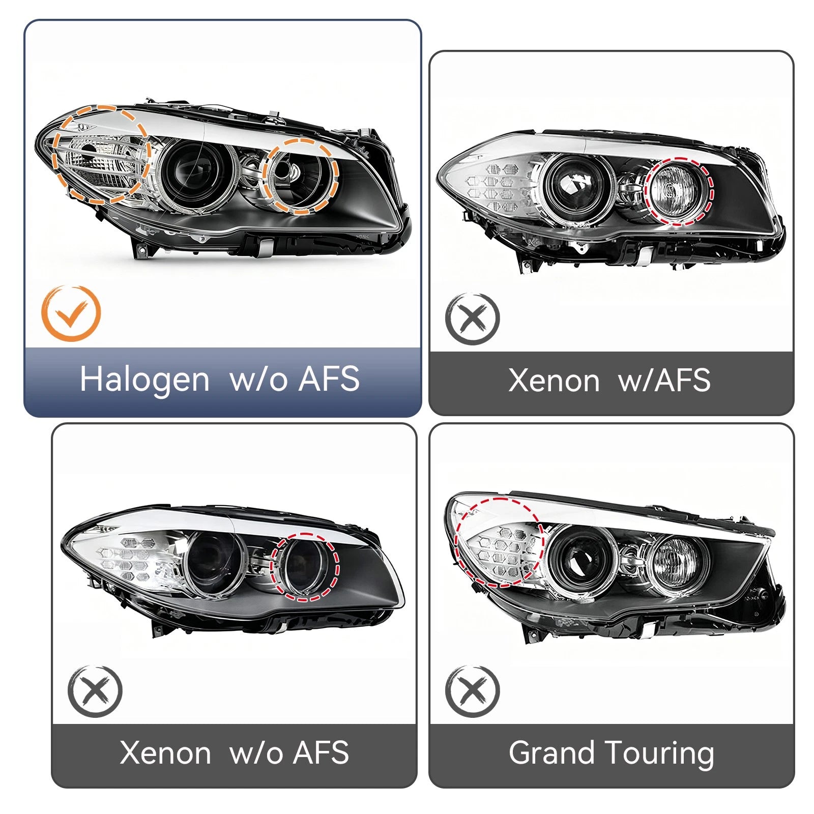 Halogen Headlight for BMW 5 Series F10 (2011–2013) Right Side, w/o AFS