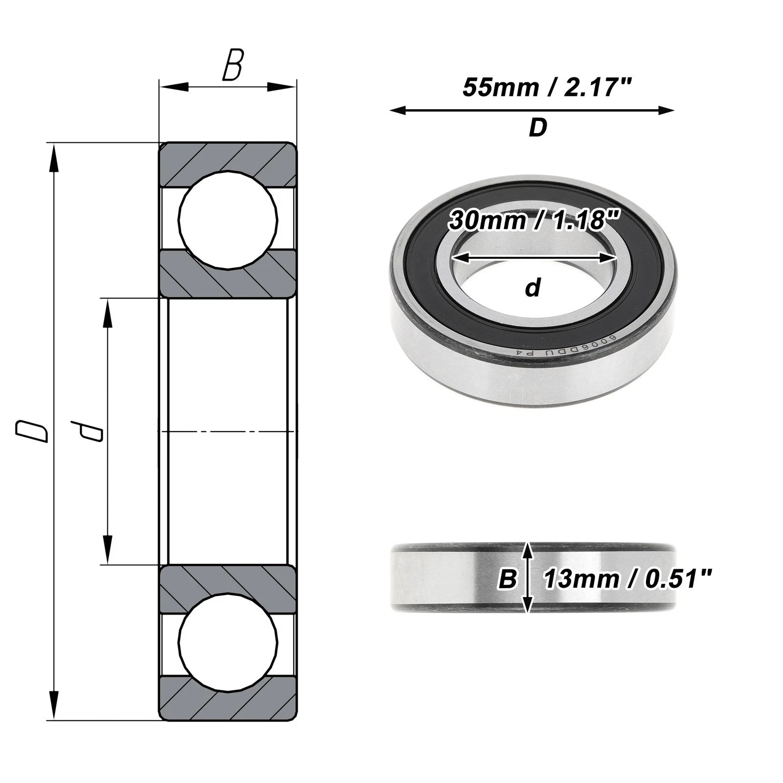 1 Pc 6006DDU Deep Groove Ball Bearing P4 for Scooter Skateboard (30x55x13mm)
