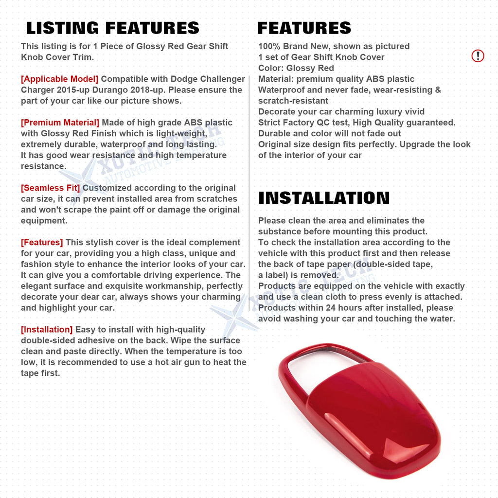 Glossy Red Gear Shift Knob Cap Cover Trim for Dodge Challenger Charger Durango (2015-2020)