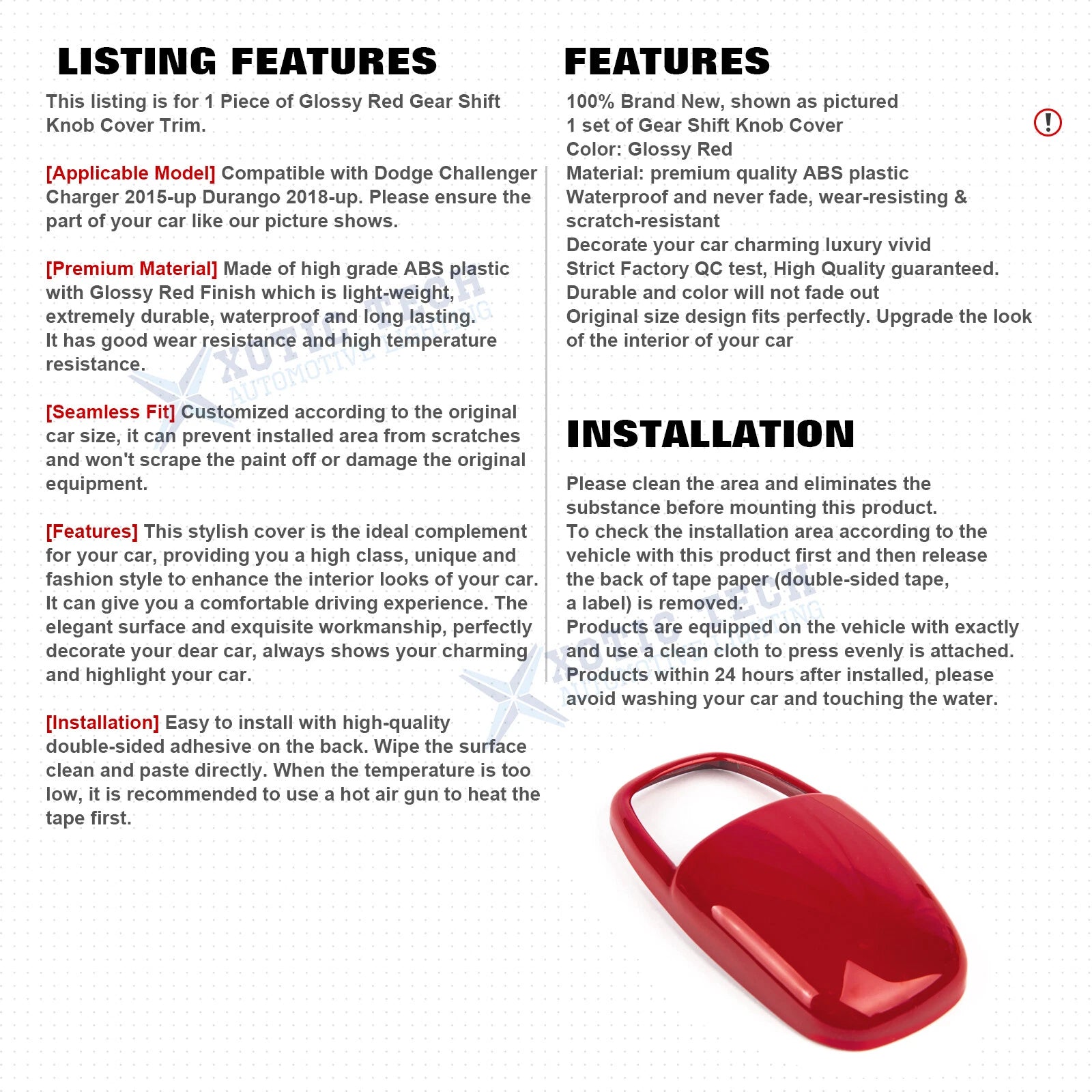Glossy Red Gear Shift Knob Cap Cover Trim for Dodge Challenger Charger Durango (2015-2020)