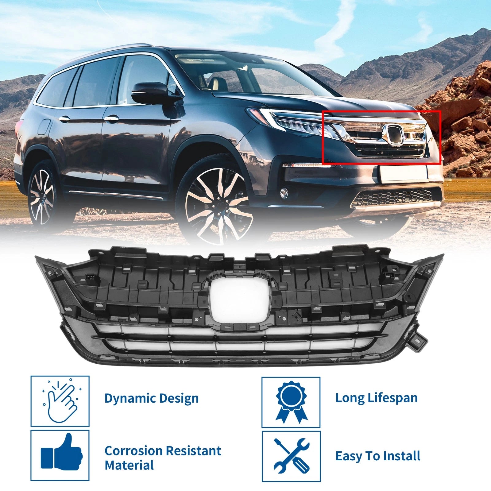 Front Bumper Grille for Honda Pilot (2019–2020) - Black, Set of 1