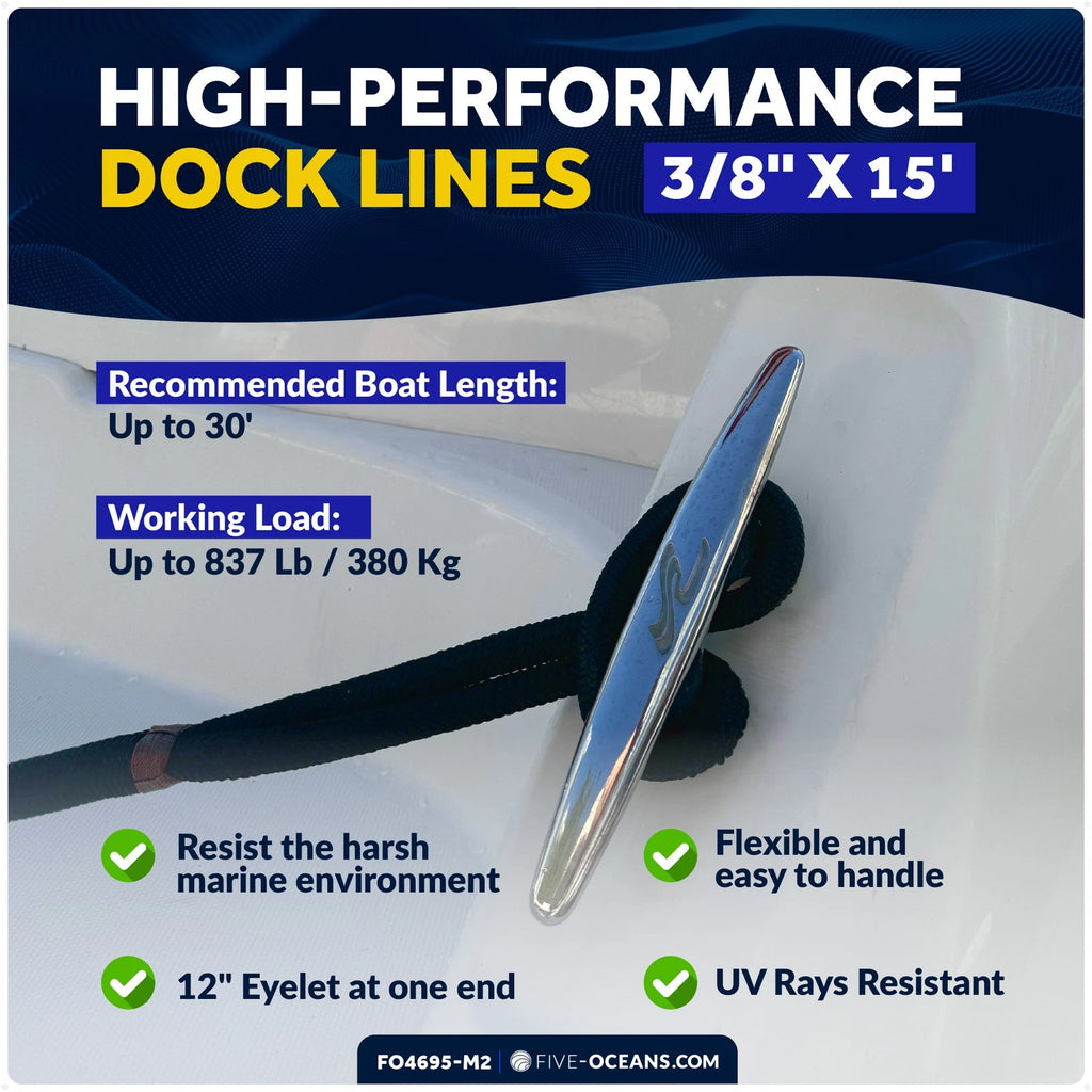 Set of 8 Boat Dock Lines 3/8" x 15' Navy Blue Double Braid Nylon w/ Eyelet