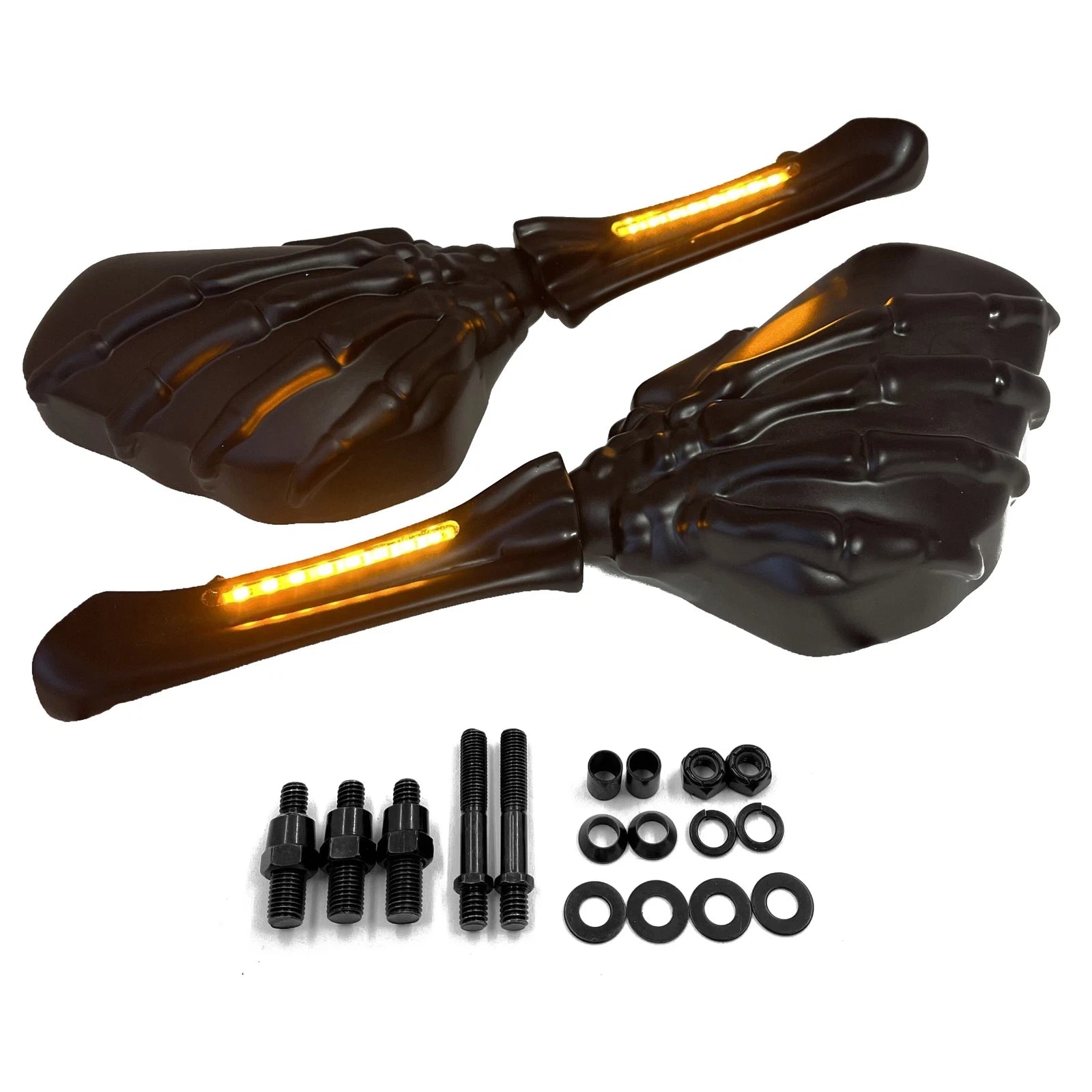 Black LED Skull Rearview Mirrors for Harley Honda Suzuki Kawasaki (All Years)