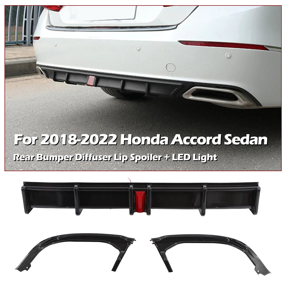 Carbon Fiber Print Rear Bumper Diffuser + Light for Honda Accord Sedan (2018–2022)