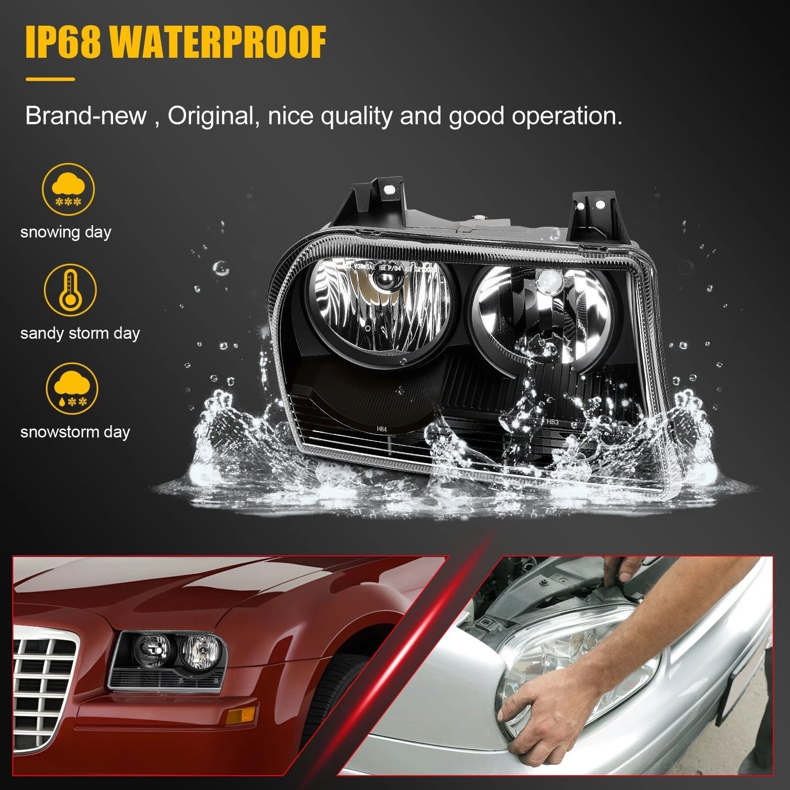 Set of 2 Halogen Headlights for Chrysler 300 (2005–2010) Black Housing