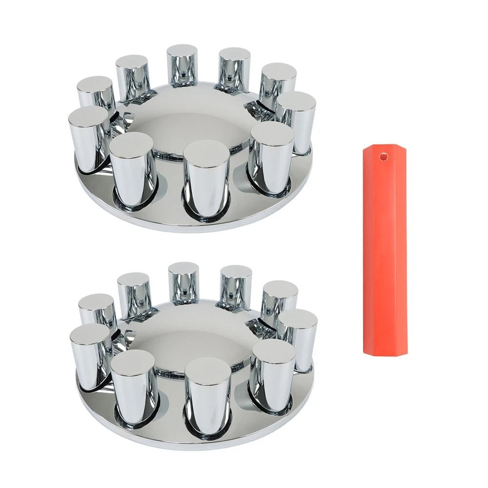 Set of 2 Chrome Front Axle Cover Hub Caps for Semi Truck (Fits 33mm Lug Nuts)