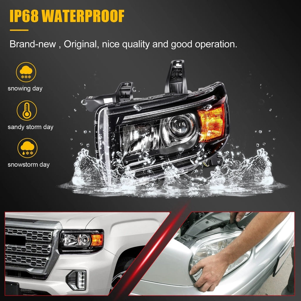 2Pcs Black Headlights with Bulbs for GMC Canyon (2015–2022)