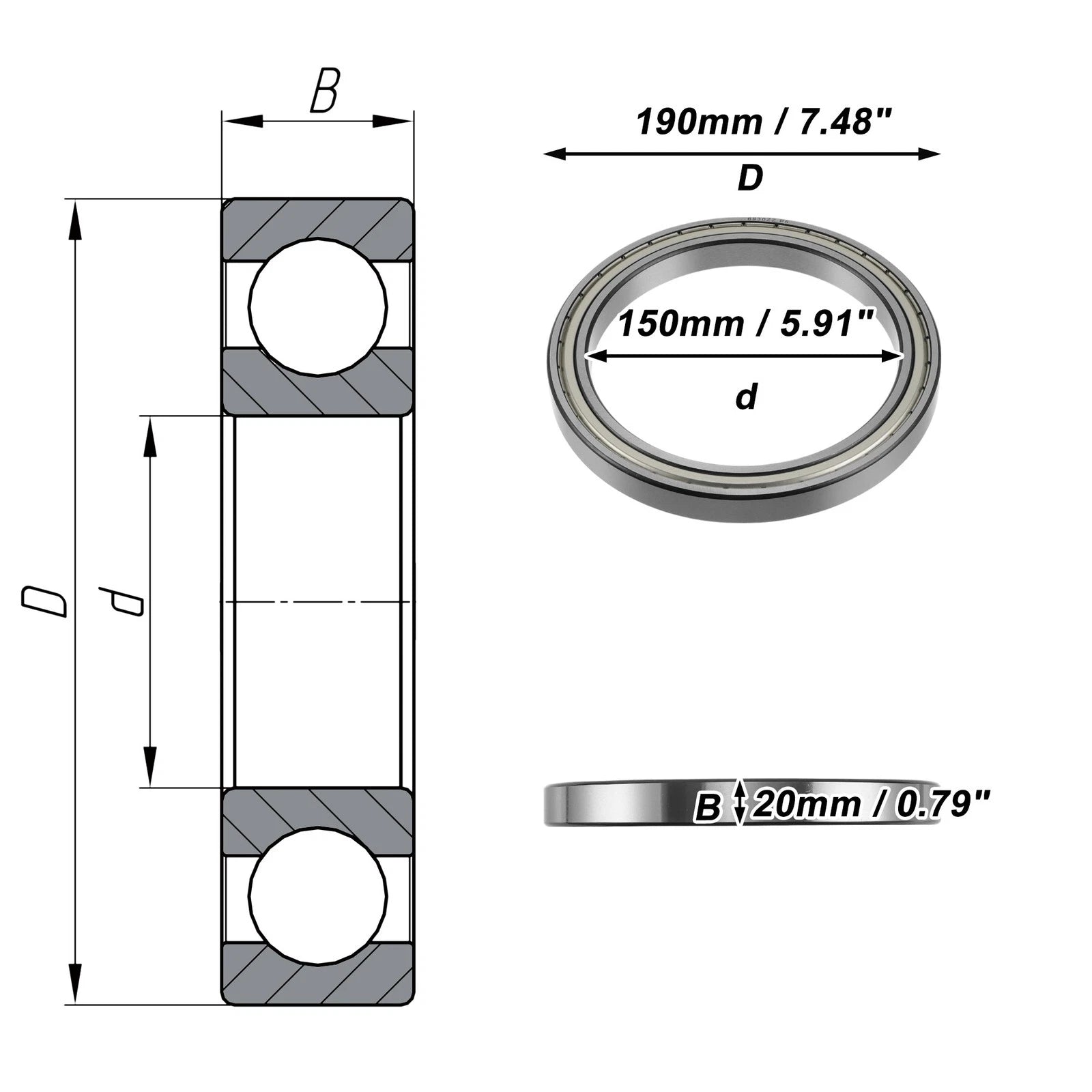 Deep Groove Ball Bearing 6830ZZ for Scooter Skateboard (150x190x20mm)
