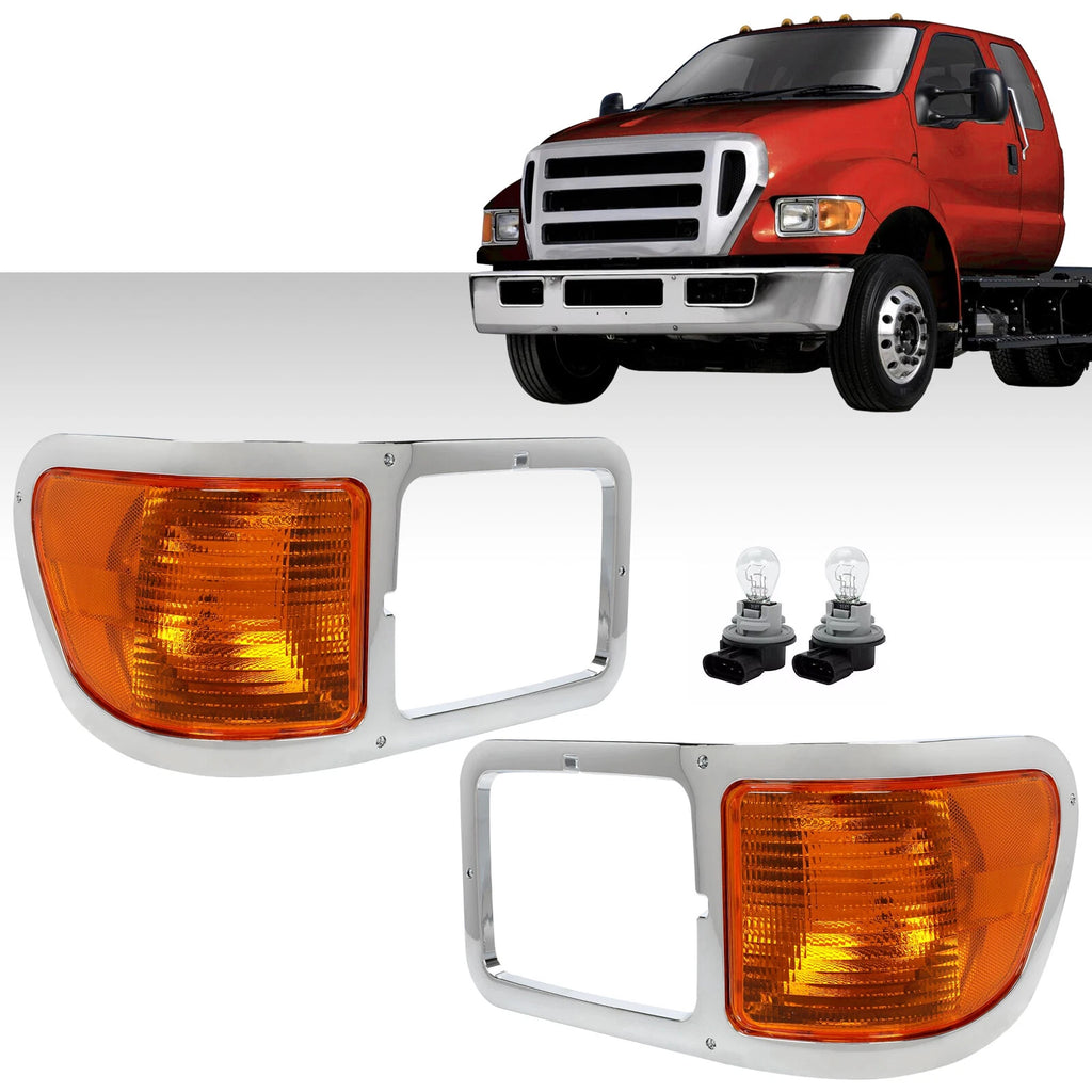 Pair Headlight Bezel Trim for Ford F650 F750 (2000–2015) W/Bulbs