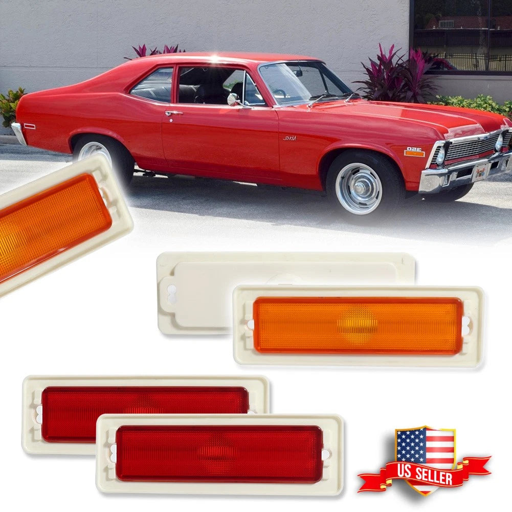 Set of 4 Amber Front & Red Rear Bumper Side Marker Lights for Chevy Nova (1970–1974)