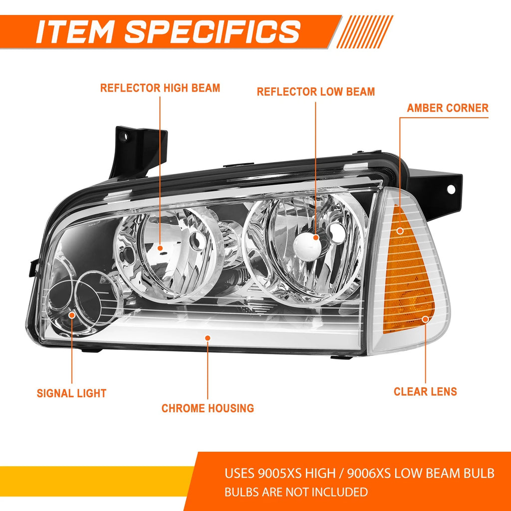 Headlight Lamps for Dodge Charger (2006–2010) Chrome Housing Clear Lens