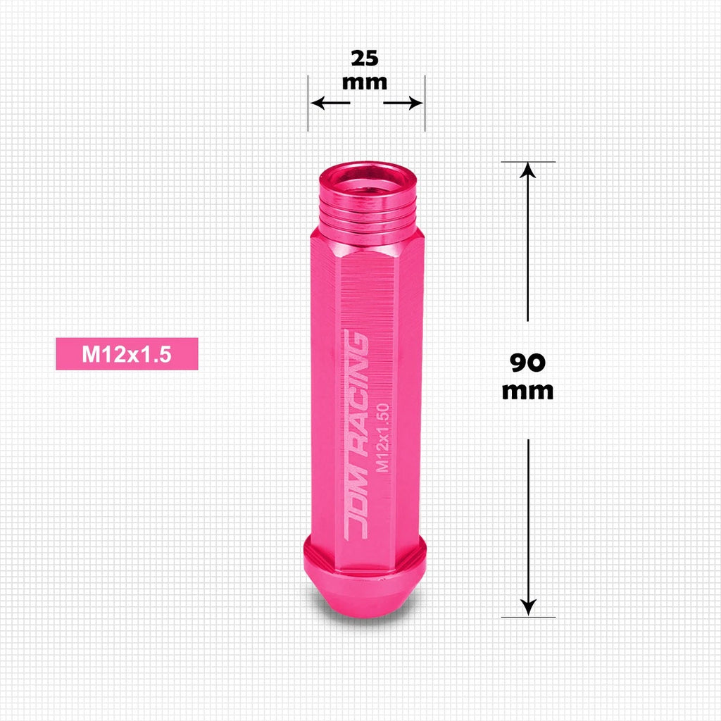 Set of 20 Pink Open-End Conical Aluminum Lug Nuts M12X1.5 25mm OD 90mm Tall