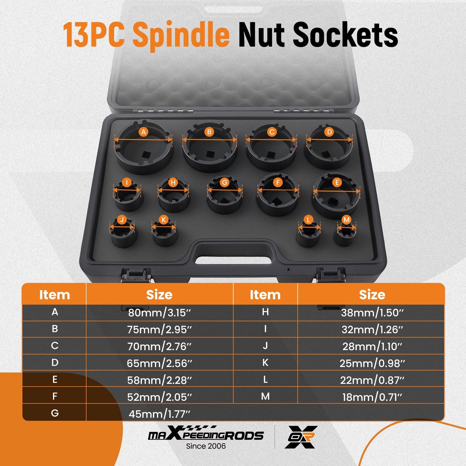 Set of 13 Grooved Lock Nuts Sockets for Various Makes and Models (18-80mm)