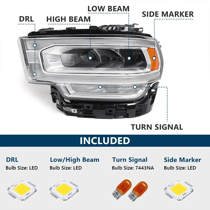 Full LED Headlight Chrome Left Side for Ram 2500 3500 (2019–2024) 68360181AD