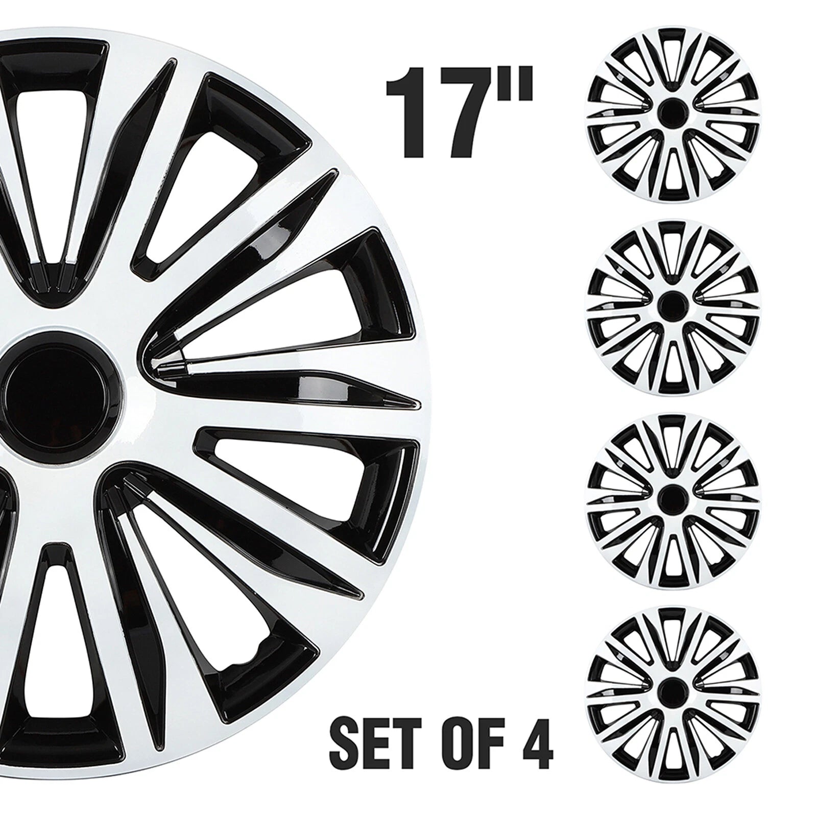 Set of 4 Wheel Hub Caps for R17 Tire & Rim - Snap On Black & White