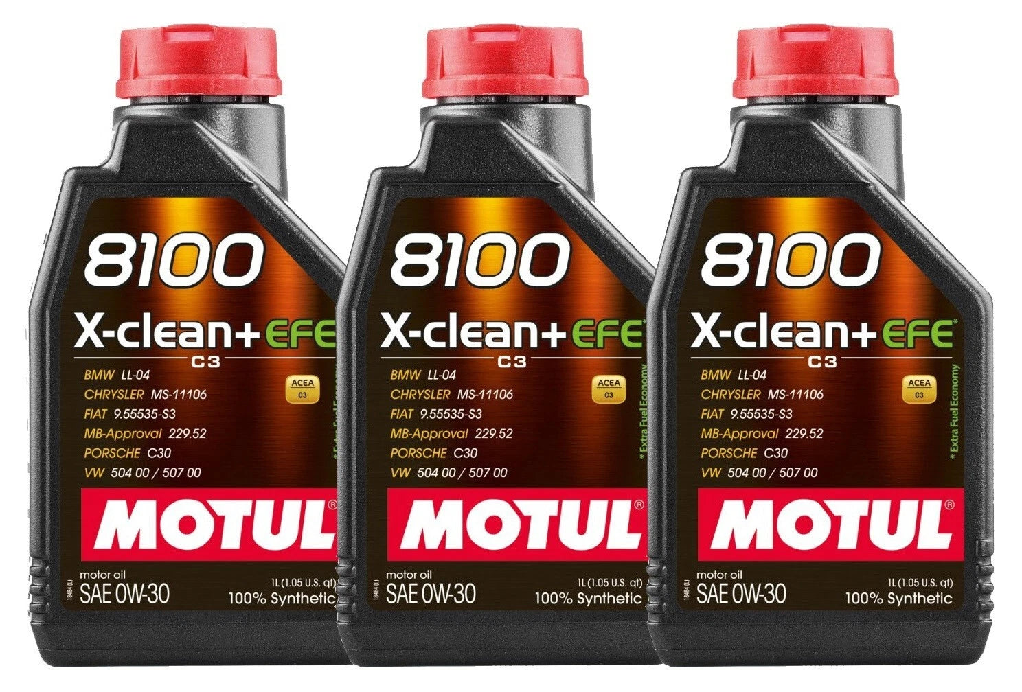 Set of 3 Motul 8100 X-CLEAN+ EFE 0W-30 100% Synthetic Engine Oil (3L)