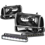 Black Clear Lens Head & Bumper Corner & Smoke LED Fog Light Kit for Ford Super Duty (1999–2004)