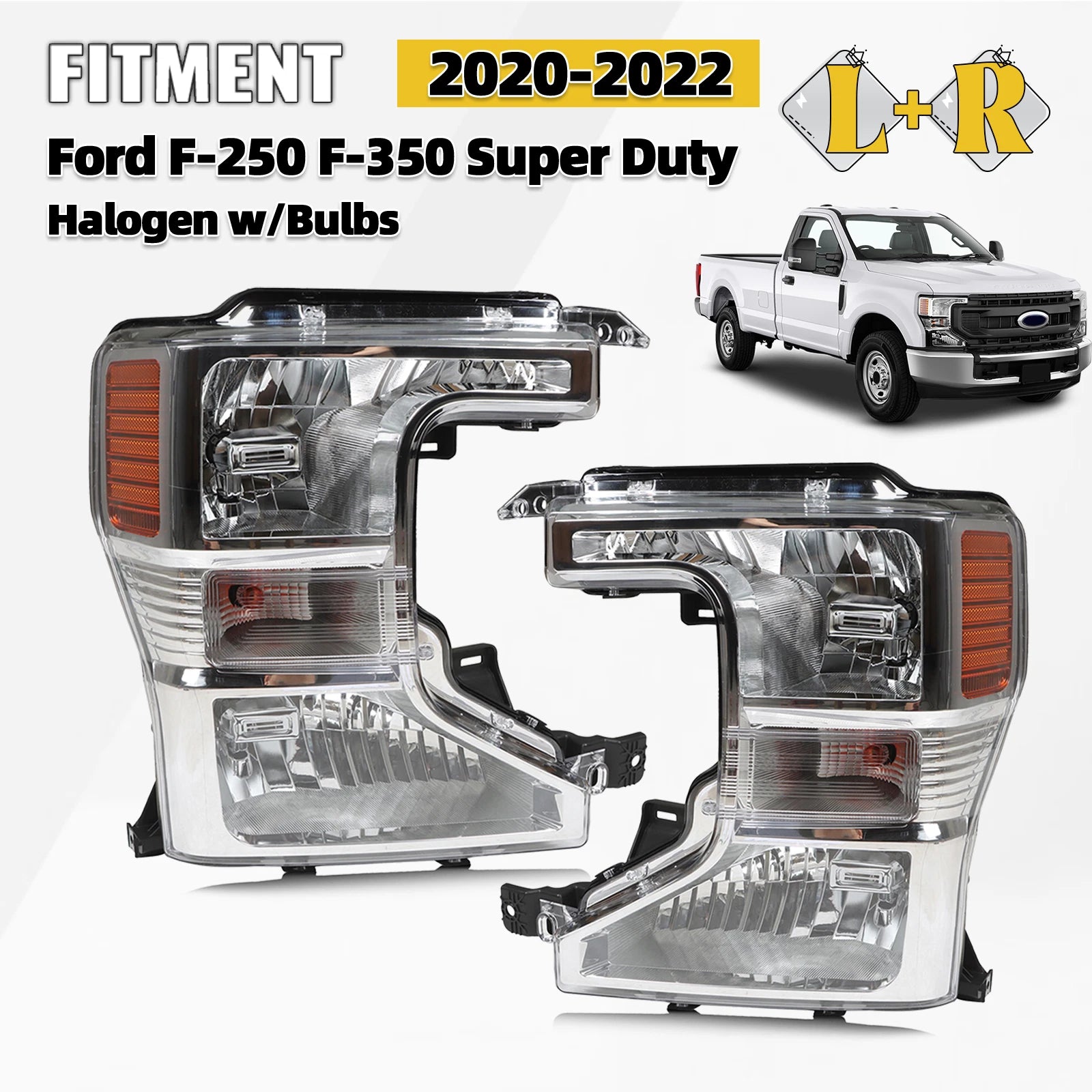 Halogen Headlight Set for Ford F250 F350 SuperDuty (2020–2022) w/Bulb